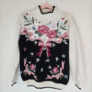 Vintage Floral Embroidered Sweater Ramie Cotton Mock Neck Size M